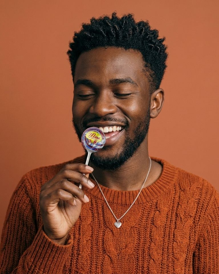 Brice sourit avec une sucette à la bouche.