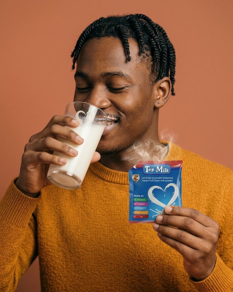Clarisse savoure un verre de lait et présente un sachet de lait en poudre.