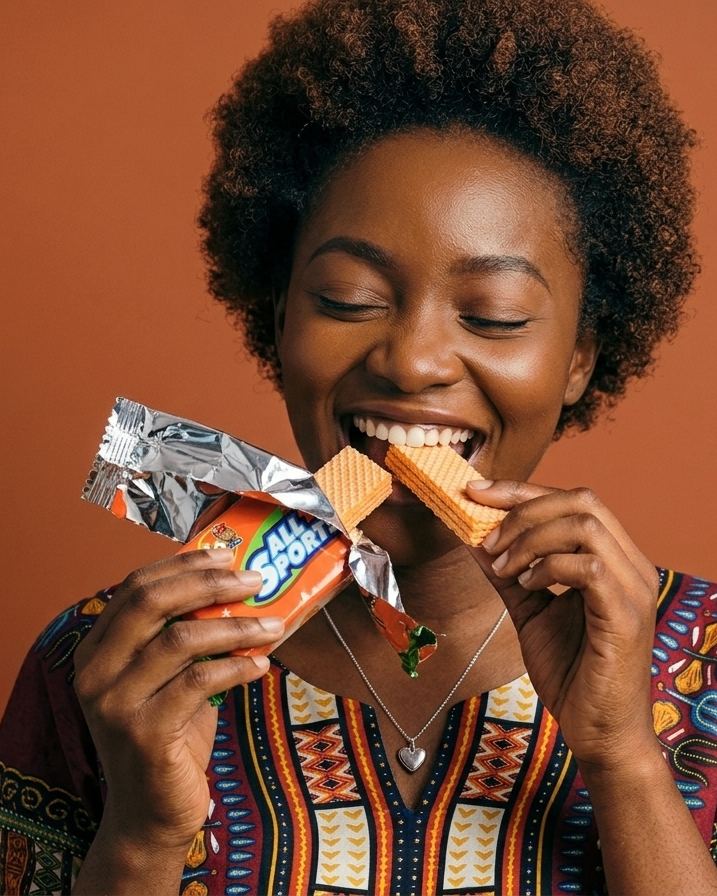Estelle croque une gaufrette et tient son emballage ouvert.